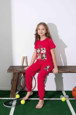 Kız Çocuk Mini Desenli Kırmızı Pijama Takımı-1309 Kırmızı