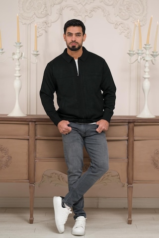 Woolen World Polo Yaka Fermuar Kapamalı Klasik Kesim Astarlı Çelik Örgü Hırka Siyah