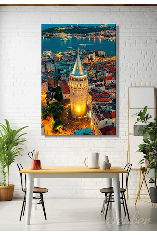 Kanvas Tablo İstanbul'daki Galata Kulesi Gece Manzarası Dikey Salon Tablosu - 4800 Çok Renkli