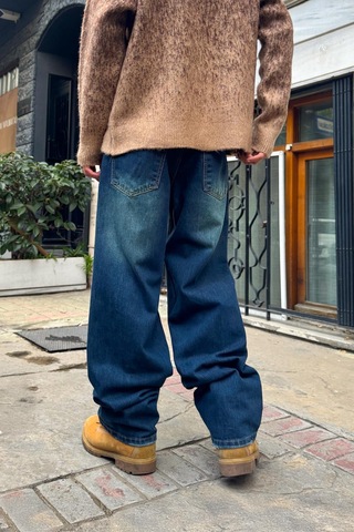 Flaw Eskitme Model Çizgili Baggy Jean Mavi Mavi