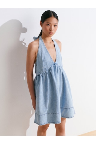 Dilvin 90571 Önü Büzgülü Mini Denim Elbise-mavi Mavi