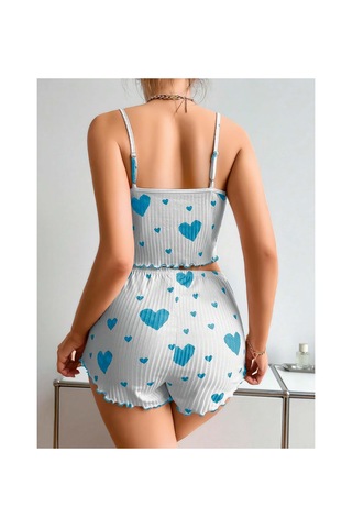 Mr Owl Kadın Beyaz Mavi Kalp Desenli Askılı Şortlu Pijama Takımı