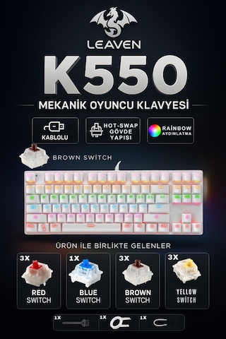K550 Mekanik Oyuncu Klavyesi -değiştirilebilir Switch- Rainbow Rgb Aydınlatma-87 Tuş - Brown Switch