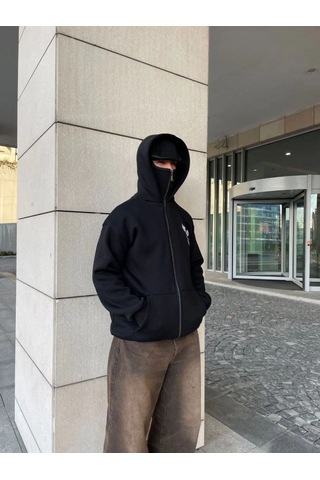Mbb E-ticaret Erkek 3 İplik Samuray Kapüşonlu Zıp Fermuarlı Sweatshirt Hoodie - Siyah