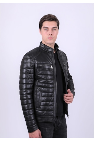 New Zaya Leather Erkek Siyah Şişme Deri Mont Hakiki Deri Siyah