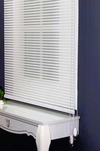 Çift Mekanizmalı Kalın Çizği Tül & Mat Beyaz Stor %80 Işıgı Keser