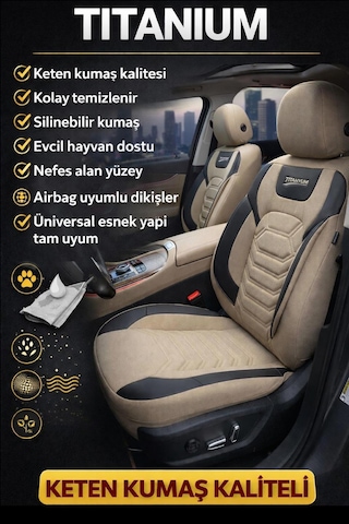 Titanyum Serisi Lüks Keten Oto Koltuk Kılıfı- Hyundai İ20-i30-accent-blue-era-getz Uyumlu Bej