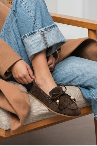 Giamgia Store Püsküllü Boncuk Detaylı Kahverengi Süet Makosen Loafer Ayakkabı-2415