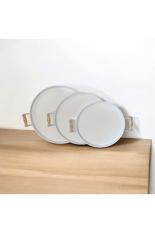 Tepsi Seti Ahşap Kulplu Metal Çay Tepsisi Kahve Tepsisi Sunum Kah