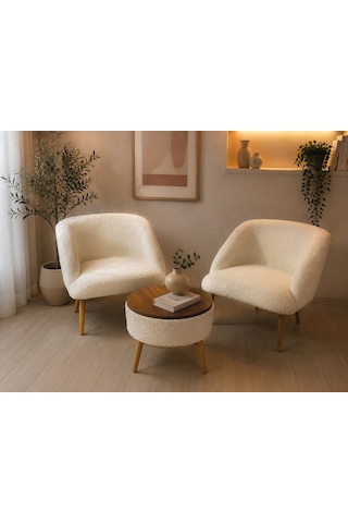 3 Lü Takım - Modern Oturma Seti - Berjer Oturma Grubu Beyaz