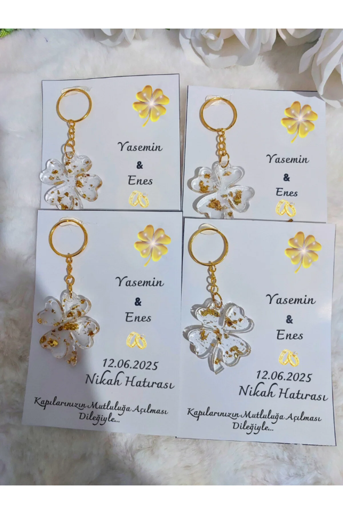 25 Adet Kartlı Epoksi Anahtarlık Yonca , Söz , Nişan, Nikah , Kına, Mevlüt Hediyelik Altın Gold