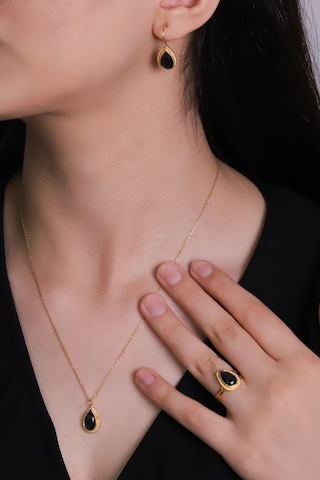 Beyisa Güneş Taşı Serisi Sarma Damla Kesim Siyah Oniks 22 Ayar Altın Kaplama Kadın Üçlü Set