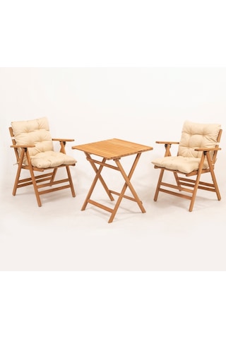 Meya Dekor Minderli Loretta Masa Sandalye Seti 2+1 Ahşap Bahçe Balkon Teras Katlanır Set 60x60 Masa Ahşap