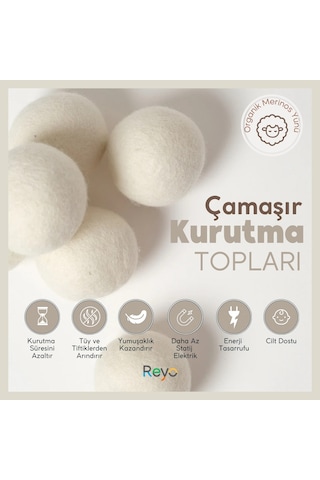 Reyo Yün Çamaşır Kurutma Makinası Topu 3 Adet Xl %100 Organik Beyaz
