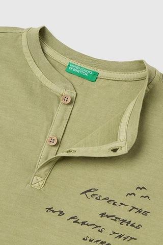 United Colors Of Benetton Erkek Çocuk Haki Baskı Detaylı Düğmeli Yuvarlak Yaka T-shirt 6-14 Yaş -2852
