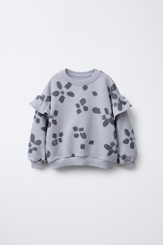 Magu Kız Çocuk Pamuklu Gri Çiçek Desenli Sweatshirt Ve Tayt Takım - Rahat Kesim, Fırfır Detaylı Gri