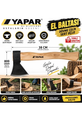 Orjinal Yapar El Baltası Dövme Çelik Sert Uçlu 800 Gram Uzunluk 38 Cm Yerli Üretim