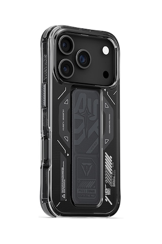 Apple Uyumlu iPhone 17 Pro Kılıf M-safe Teknoloji Desenli Skinarma Helio Mag Charge Standlı Kapak Füme Füme