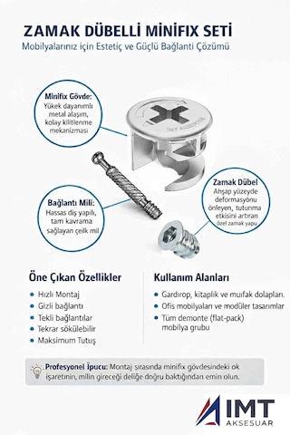 İmt Aksesuar Zamak Metal Dübelli Minifix Gövde Mil Ve Dübel Seti - Mobilya Ve Dolap Bağlantı Elemanı 20 Takım Metalik