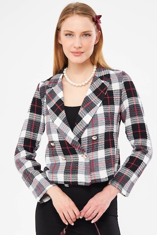 Armonika Kadın Kırmızı-siyah Kruvaze Yaka Tüvit Crop Ceket Arm-24k001014