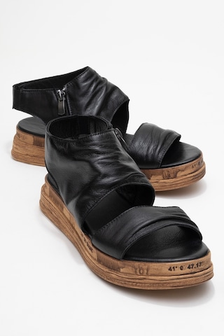 Luvishoes Luvi Shoes Lunas Siyah Hakiki Deri Yandan Fermuarlı Kadın Sandalet Siyah
