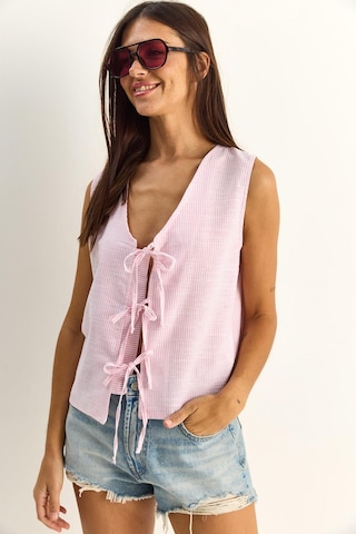 Shade Kadın %100 Pamuk Kalın Askılı Önden Bağlama Detaylı Çizgili Peplum Bluz 60282045 - Beyaz-pembe Çok Renkli