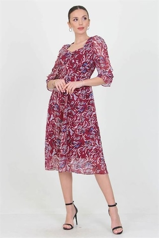 Dip Moda Kadın Kalp Yaka Desenli Şifon Elbise Dpry0030 Bordo