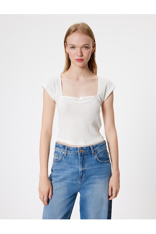 Koton Kap Kol Tişört Fiyonk Detaylı Kare Yaka Slim Fit Ekru 4sal11139ık Ekru