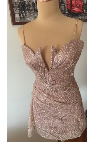 Chica Rosa Fashion Pul İşlemeli Göğüs Dekolteli Kısa Elbise Bronz
