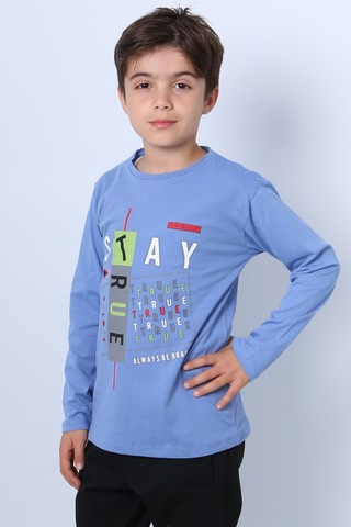 Hçm Erkek Çocuk Uzun Kollu Tshirt Stay True Baskılı Bisiklet Yaka E29 İndigo