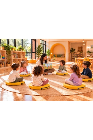Kreş Anaokulu Yuvarlak Oyun Minderi Aktivite Minderi 40x40x5 Cm - Sandalye Minderi - Bahçe Dekor Minderi Yuvarlak Minder Sarı