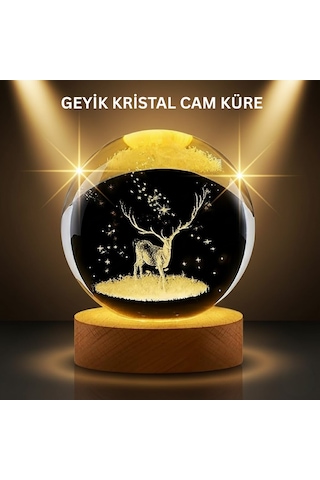 Led Işıklı Geyikli Kristal Küre Ahşap Standlı Modern Dekor Lamba Standart