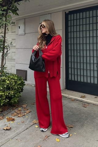 Kırmızı Fermuarlı Kapüşonlu Triko Takım - 0511 Kırmızı