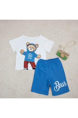 Momikon Erkek Çocuk Teddy Baskılı Pamuklu Takım Beyaz