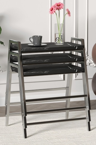 Zigon Sehpa , Aden 3'lü Tepsi Zigon Sehpa Takımı Gümüş Metal - Siyah Mermer Tabla Gümüş-siyah Mermer