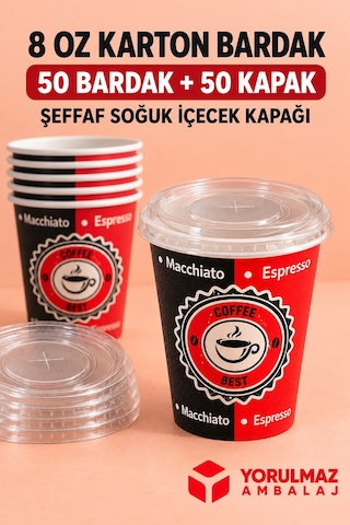 8 Oz Kapaklı Karton Bardak Soğuk İçecek Uyumlu Sızdırmaz Kağıt Bardak 50 Adet Renkli