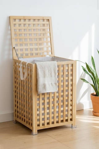 Digithome Bambu Bölmeli Çamaşır Sepeti 62x45 Cm Kulplu Taşınabilir Bezli Kahverengi
