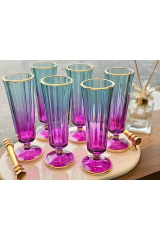 6 Lı Renkli Yaldızlı Cam Kahve Yanı Su Bardağı Flüt Bardak 150ml
