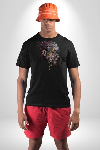 İnsan Kafası Sulu Boya Unisex Unisex Siyah Organik Baskılı T-shirt Penye Yüksek Kalite Siyah
