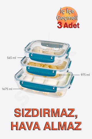 Lock&fresh Master Dikdörtgen Saklama Kabı 565,975,1675 Ml Üçlü Set Mavi