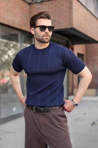 Madmext Lacivert Regular Fit Bisiklet Yaka Fitilli Triko Erkek Tişört E7490
