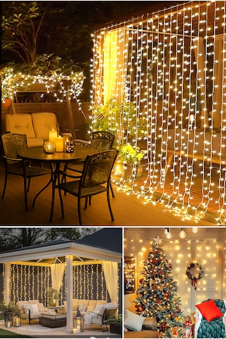 3x3 Metre 300 Led Usb Perde Led Kumandalı 8 Modlu Gün Işığı Dekoratif Peri Işığı Sarı