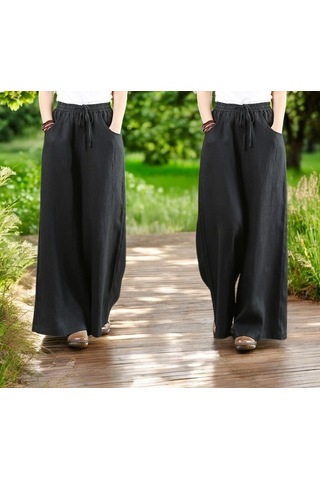 Yazlık Beli Lastikli Şık Keten Pantolon siyah
