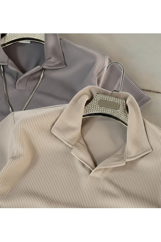 Fifty Color Alaçatı Stili Erkek Fitilli Ottoman Hava Alan Kumaş Polo Yaka T-shirt 2li Renk Bej - Taş Rengi