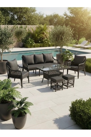 Dora Garden Home Zen 7 Kişilik 3+1+1 2 Adet Puff Hediyeli Rattan Bahçe Takımı Antrasit