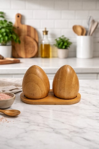 Makri Home Bambu Tuzluk & Karabiberlik Seti, Damla Tasarım, Stantlı Doğal Bambu Baharatlık Diğer