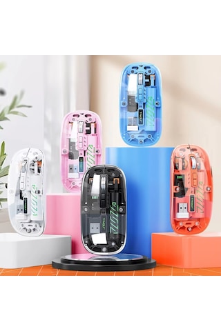 Şeffaf Ultra Hassas Kablosuz Şarjlı Mouse 9 Farklı Renk Dpı Ayarı 100 Saat Üzeri Şarj Süresi Beyaz 001