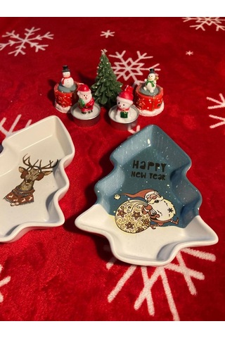 Yılbaşı Temalı 2'li Ağaç Tasarımlı Desenli Seramik Sunum Servis Tabağı 17x12 Cm Geyikli Ve Noel Babalı