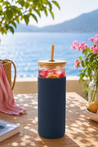 Bambu Pipetli Cam Bardak 550 Ml Silikon Kılıflı Kahve Bubble Tea Ve Su Şişesi - Mavi