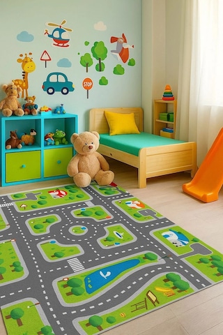 Yeşil Renk Şeritli Yol Çocuk Odası Oyun Halısı Yeşil